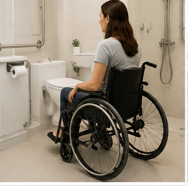 Woman in wheelchair in accessible bathroom — bladder management solutions