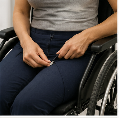 Woman in wheelchair adjusting adaptive clothing — urinating without transferring