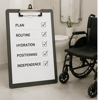 Clipboard checklist next to wheelchair in bathroom — wheelchair toileting and bladder management guide