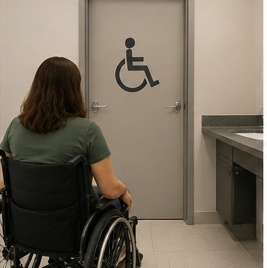 Woman in wheelchair facing accessible bathroom door — when accessible bathrooms still aren't accessible