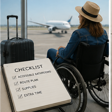 Woman in wheelchair at airport with travel checklist — bathroom planning for wheelchair users