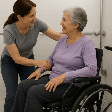 Caregiver assisting woman in wheelchair — reducing burden of assisted bathroom transfers