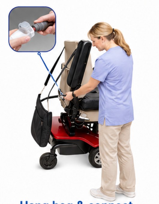 Connecting the covered privacy collection bag to the wheelchair